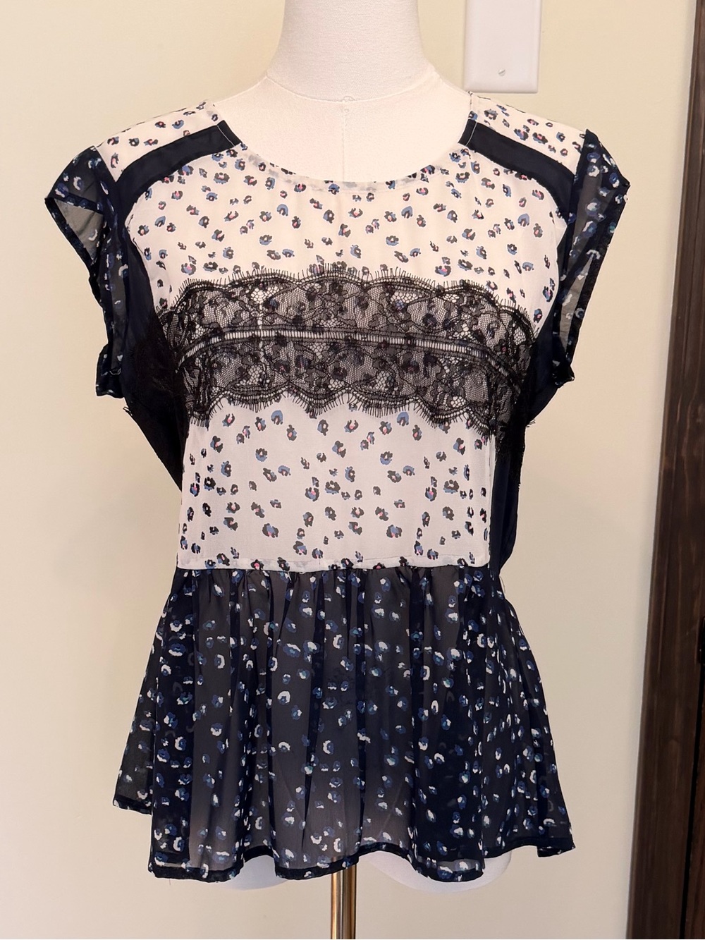 Maeve Navy and White Floral Lace Peplum Blouse